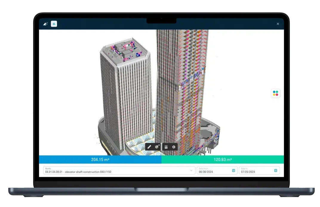 Completed work scopes visualized on a BIM model in SIGNAX DASHBOARD