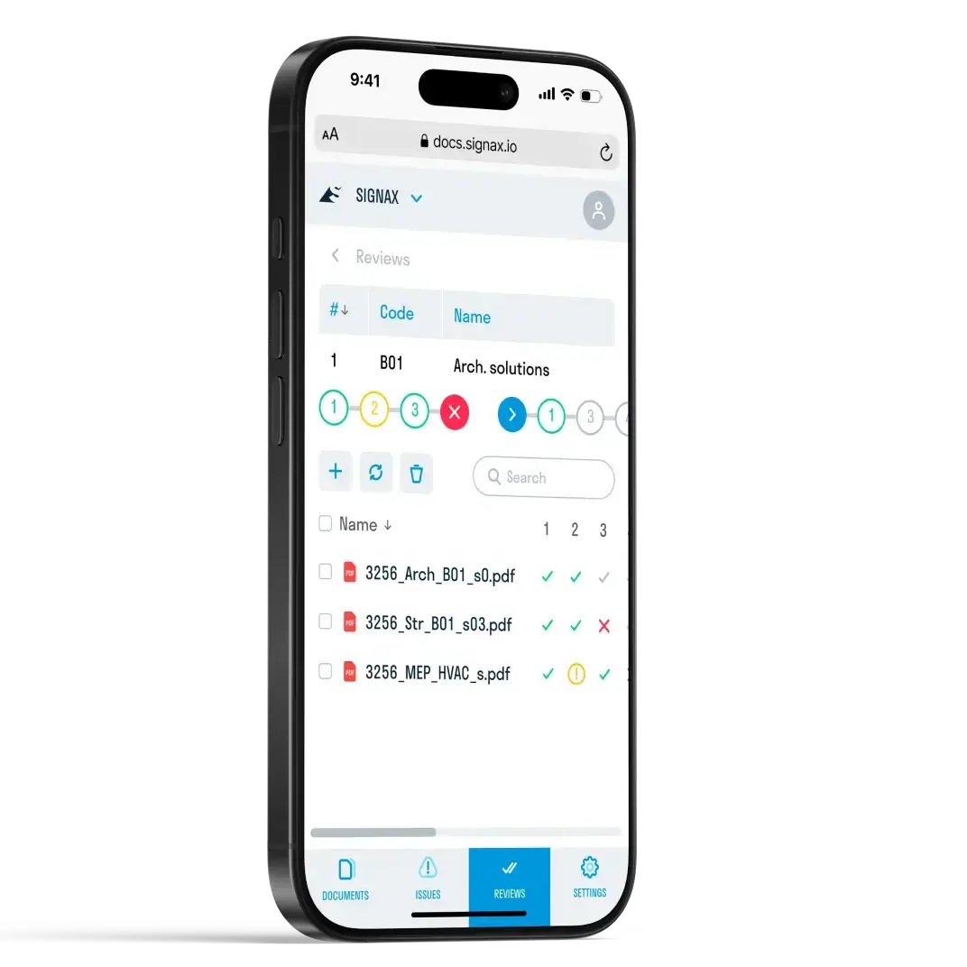 SIGNAX DOCS mobile interface showing documents for review