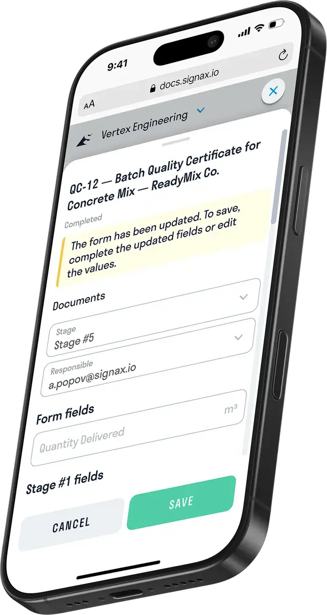 Quality certificate form being completed in the SIGNAX FORMS mobile interface