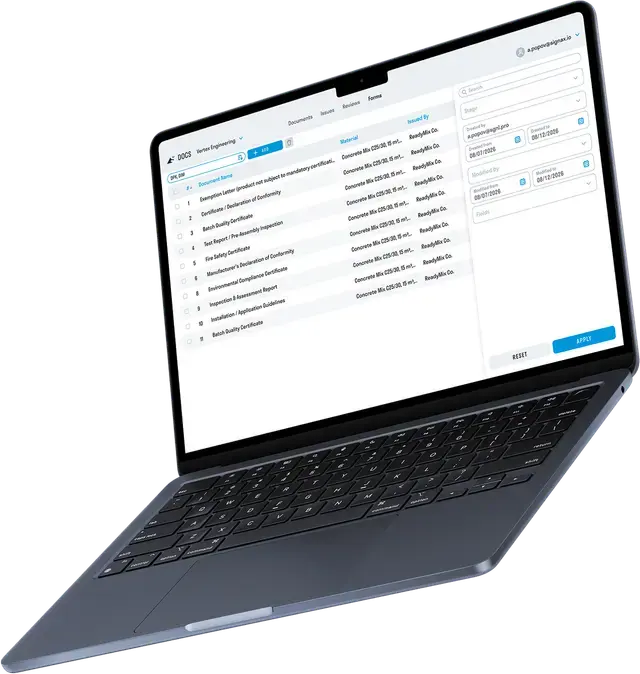 SIGNAX FORMS interface managing form registers and as-built document statuses