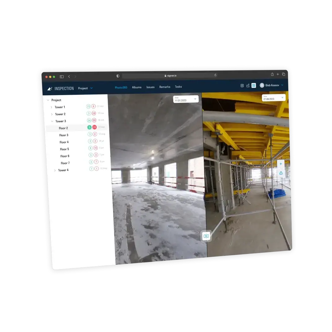Two construction stages compared in the SIGNAX INSPECTION interface