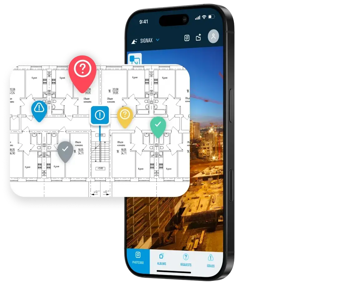 Digital photo log with issues marked on a construction floor plan