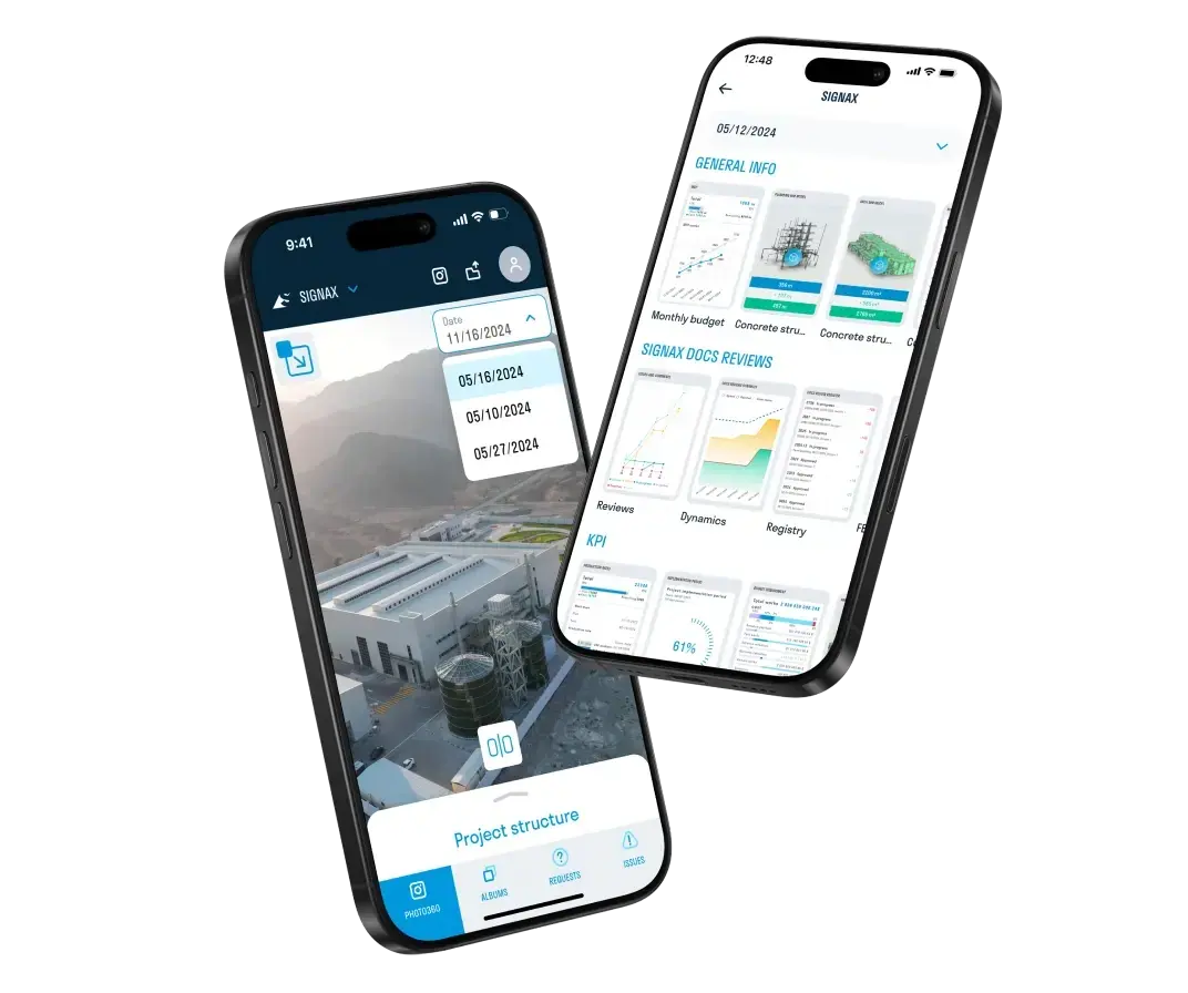 QR-tagged 360-degree imagery and a SIGNAX dashboard displayed on phones